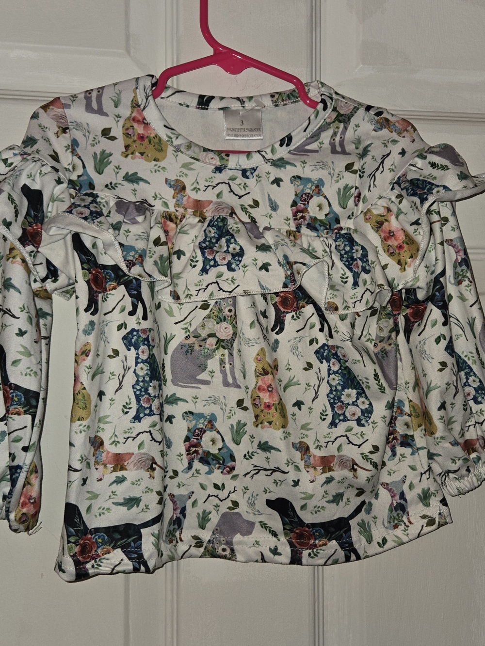 Girls White Floral Dog-Print Ruffle Long-Sleeve Top SZ 3T